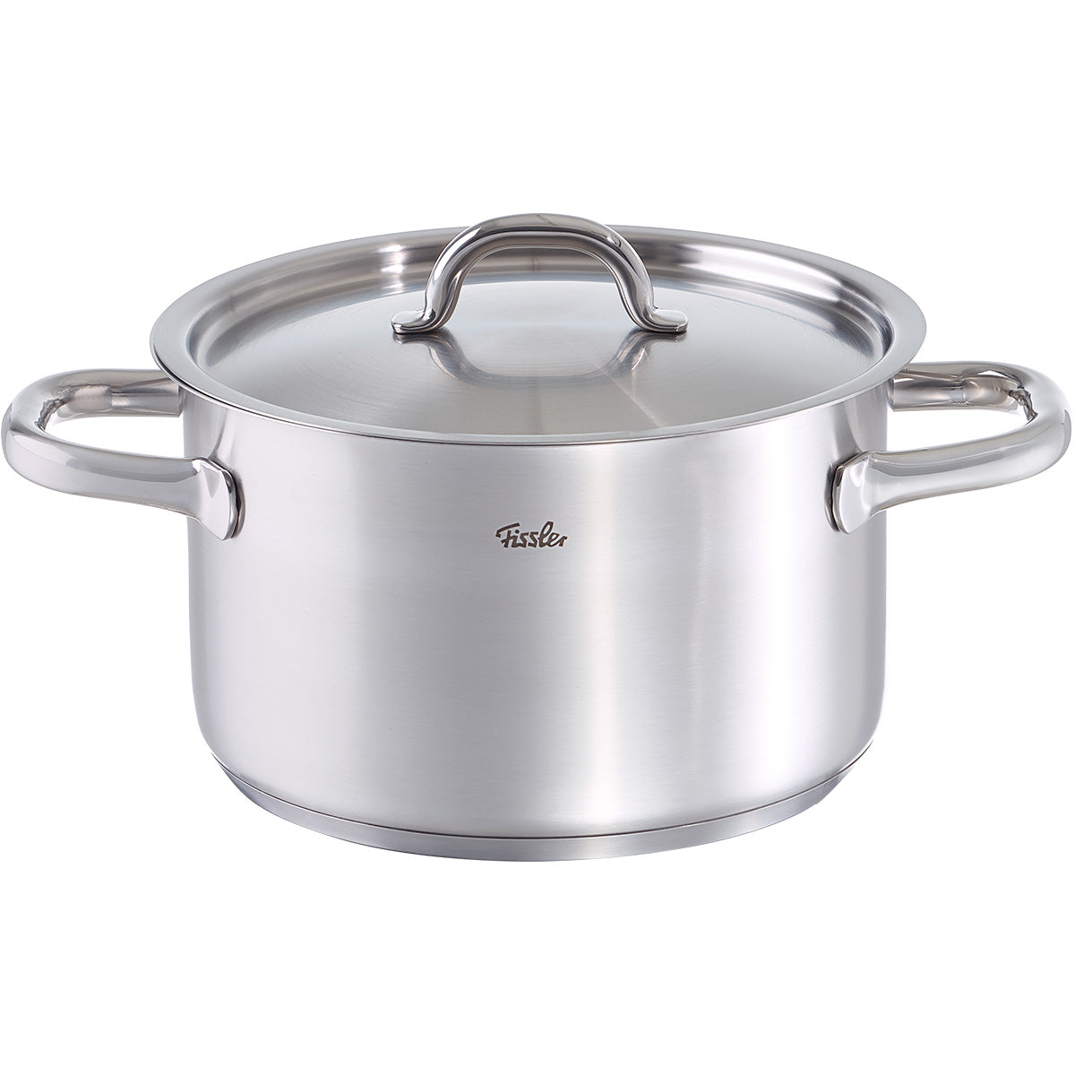 Fissler Family Line Premium Stainless Steel Cooking Pot "Made in Germany" with Lid, ergonomic side handles, suitable for induction.