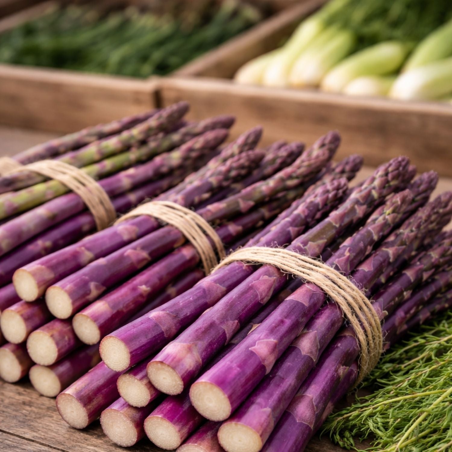 Frische violette Spargelbündel liegen auf Holz, bereit für die Zubereitung mit dem deutschen Präzisionskochgeschirr von Fissler.
