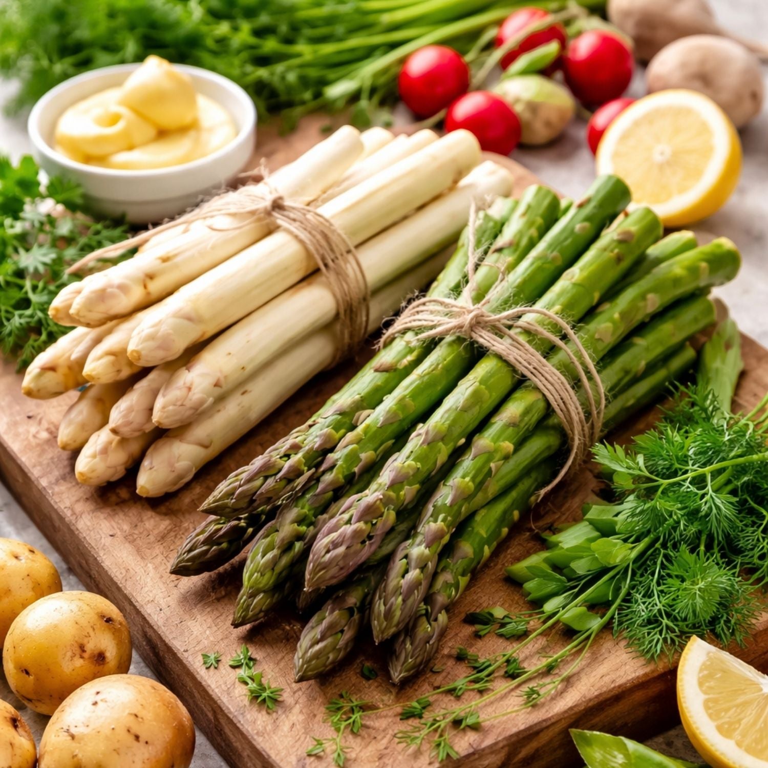 Weißer und grüner Spargel auf einem Holzbrett, daneben frisches Gemüse und Fissler-Edelstahl-Kochgeschirr.