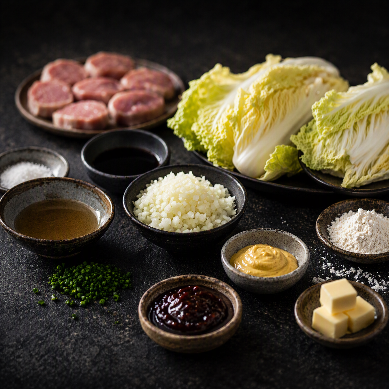 Eine präzise zubereitete „Mise en place“ mit Schalen voller Hackfleischpasteten, Chinakohl, gehacktem Schnittlauch, Butterwürfeln, Gewürzen, Senf, Soße, Mehl und Reis – alles ordentlich auf einer eleganten, dunklen Oberfläche angeordnet. Fachmännisch präsentiert neben Fisslers hochwertigem Edelstahl-Kochgeschirr und Zubehör für ein erstklassiges Küchenerlebnis „Made in Germany“.