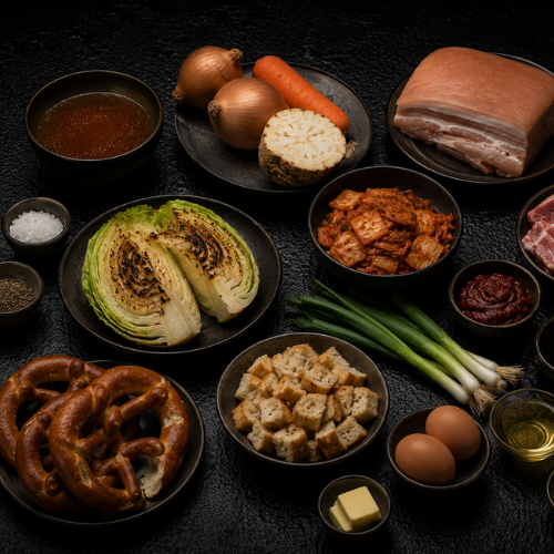 Eine erlesene Auswahl an frischen Zutaten – Kohl, Zwiebeln, Kimchi, Schweinefleisch, Möhren, Frühlingszwiebeln, Brezeln, Brotwürfel, Eier, Butter, Knollensellerie – kunstvoll angerichtet auf einer dunklen Unterlage, ergänzt durch Salz- und Pfeffermühlen sowie kleine Schälchen mit Soßen. Perfekt für die Zubereitung herzhafter hausgemachter Gerichte in Fisslers präzise gefertigten Edelstahl-Kochgeschirren.