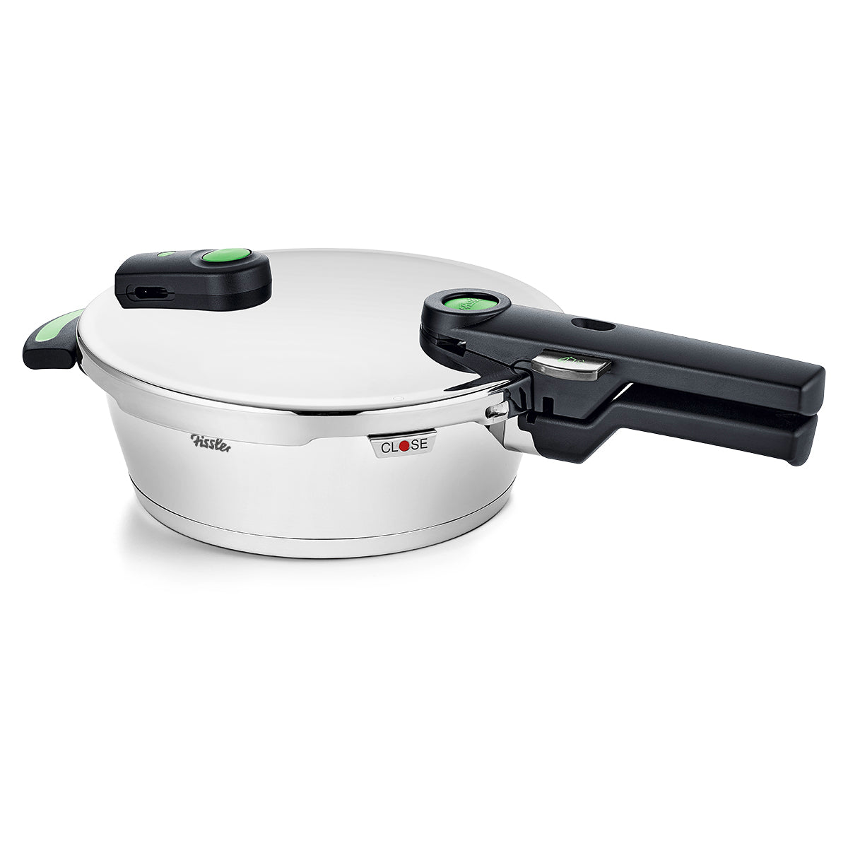 Fissler Vitaquick® Green: Premium stainless steel pressure cooker, black handle/lid, green buttons, Fissler logo, CLOSE label.