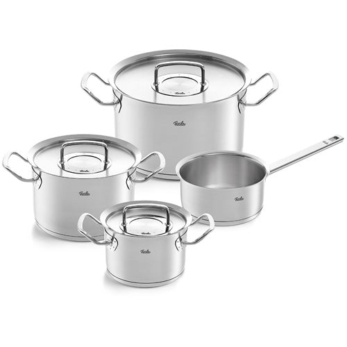 Fissler Original-Profi Collection® 4-teiliges Edelstahlset, 3 Töpfe mit Deckel und Stielkasserolle, Präzisionsfertigung in Deutschland auf weißem Grund.