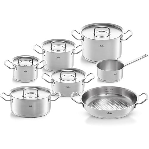 Fissler Original-Profi Collection® 7-piece set of stainless steel pots, pans, and lids in white - made in Germany since 1845.