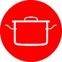 Die elegante weiße Silhouette eines klassischen Edelstahltopfs mit Griffen und Deckel, die an die deutsche Präzision von Fissler erinnert, vor einem kräftigen roten, kreisförmigen Hintergrund, der unsere Tradition von Langlebigkeit und zeitloser Innovation widerspiegelt.