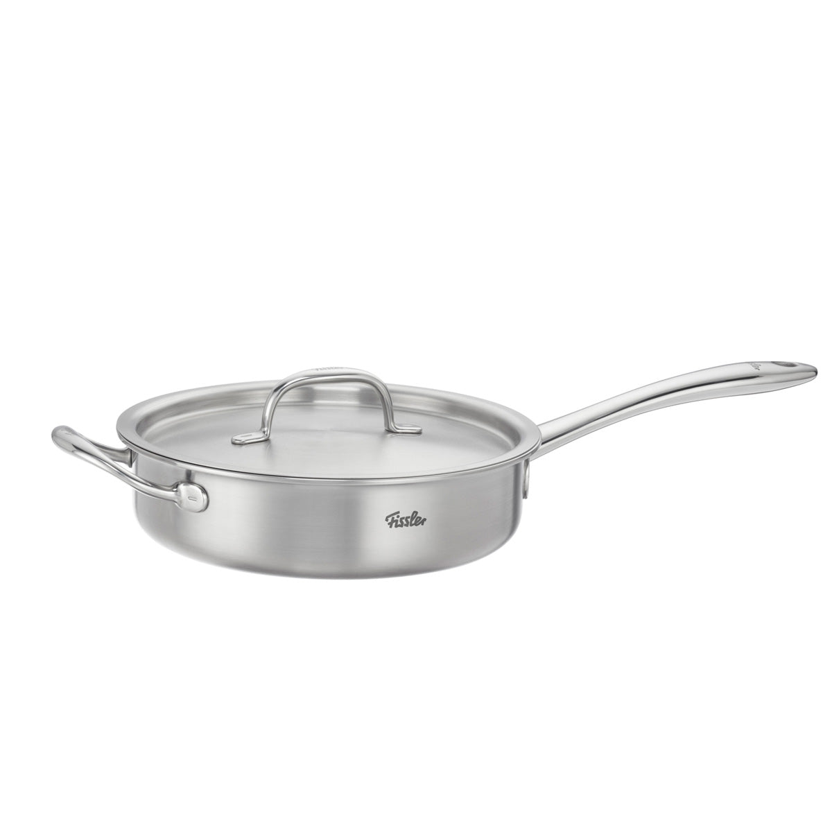 Fissler M5 Pro-Ply® 3-piece set with metal lid, showcasing a precision-engineered, durable stainless steel sauté pan with one long and one short handle, presented on a white background. Crafted in Germany since 1845 and designed for everyday use, this high-quality stainless steel pan from the Fissler Pro-Ply collection is induction-compatible—demonstrating timeless design and innovation in premium cookware.