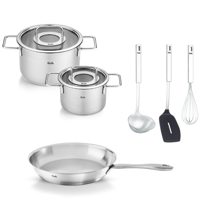 Fissler Starter Kochset 6 tlg.: Zwei Töpfe mit Deckel, Catania-Pfanne, Schöpfkelle, Pfannenwender und Schneebesen in modernem, langlebigem Edelstahldesign.