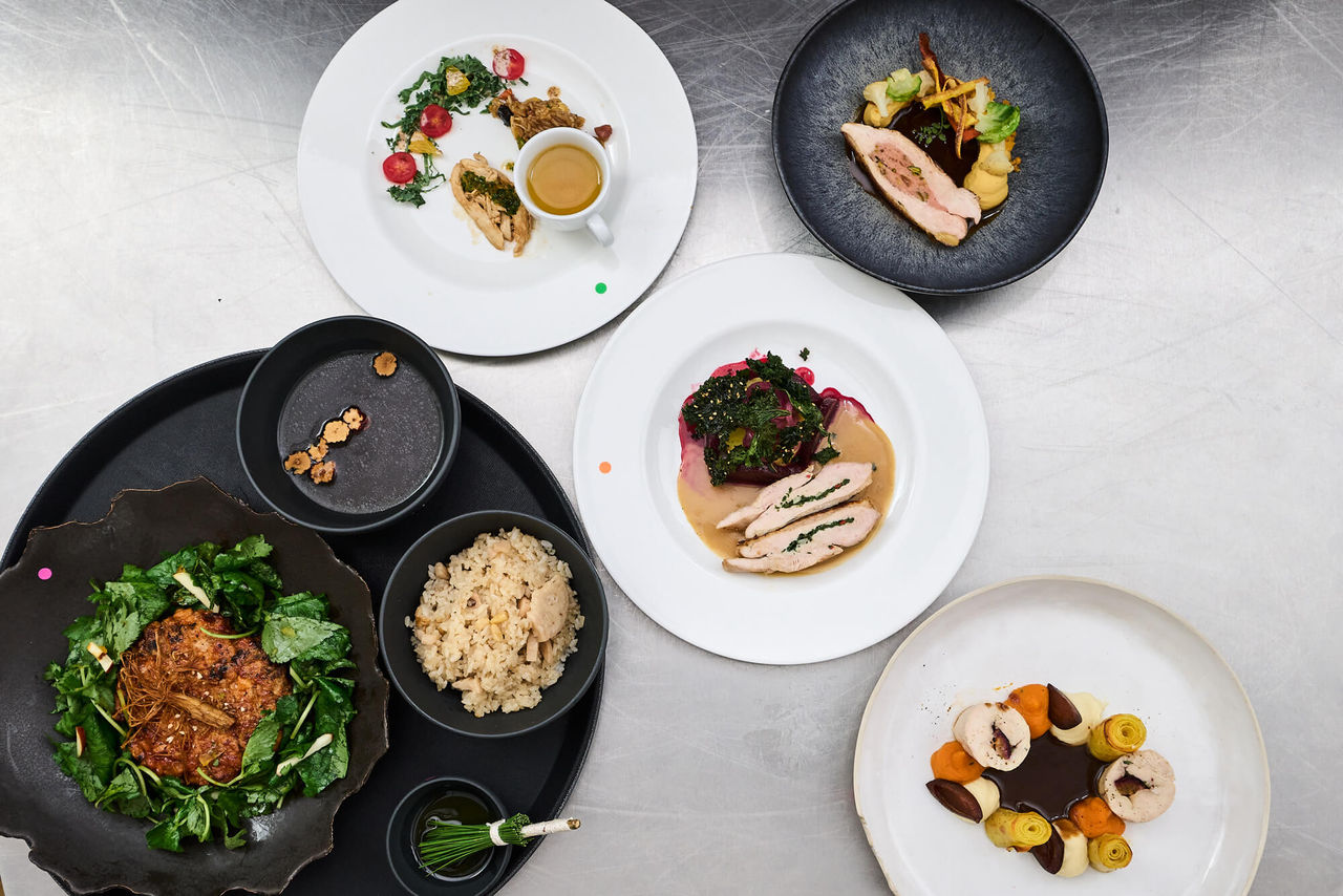 Fünf Gourmetgerichte mit Fleisch, Gemüse und Saucen auf Fissler-Edelstahlgeschirr in einer eleganten Auslage.