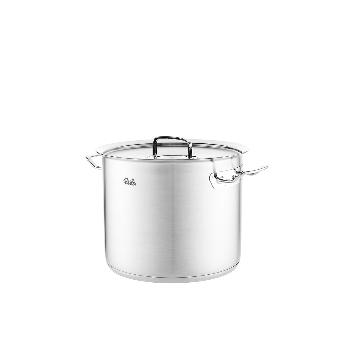 Fissler Original-Profi Collection® hoher Kochtopf aus Edelstahl mit Metalldeckel, Cookstar Boden, modernem Design auf Weiß.