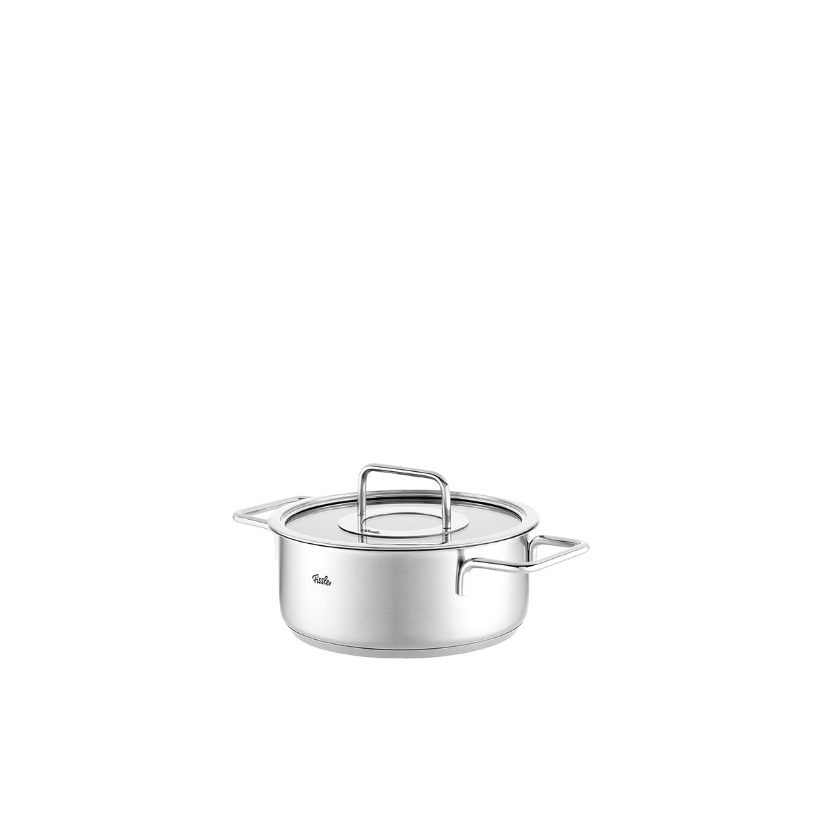 Fissler Pure Collection® 4-piece Cookware Set in stainless steel with glass lids, made in Germany, on a white background.